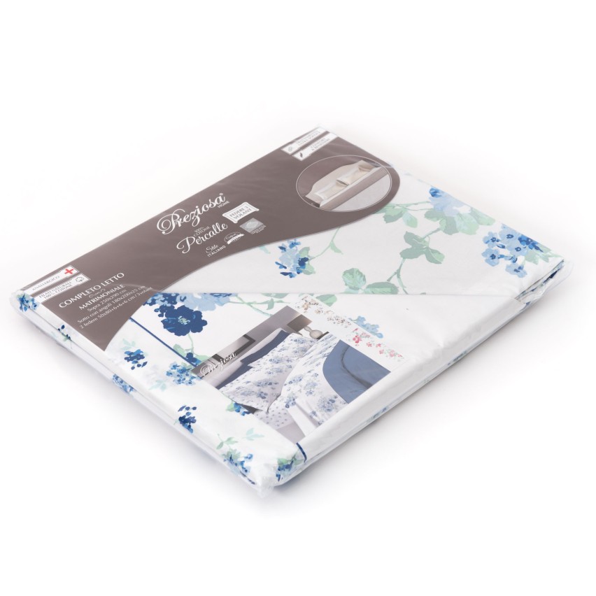 Lenzuola matrimoniali 2 piazze cotone Preziosa Portovenere 5 azzurro fiori