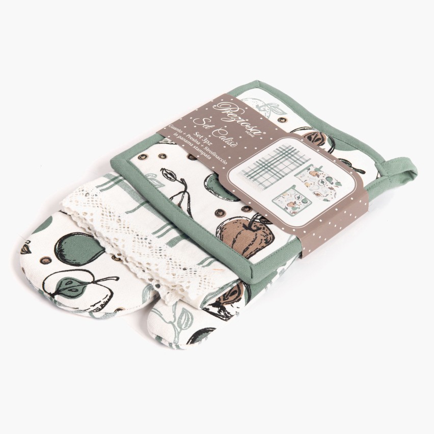Set di guanto + strofinaccio + presina Preziosa Calisè W01 C verde
