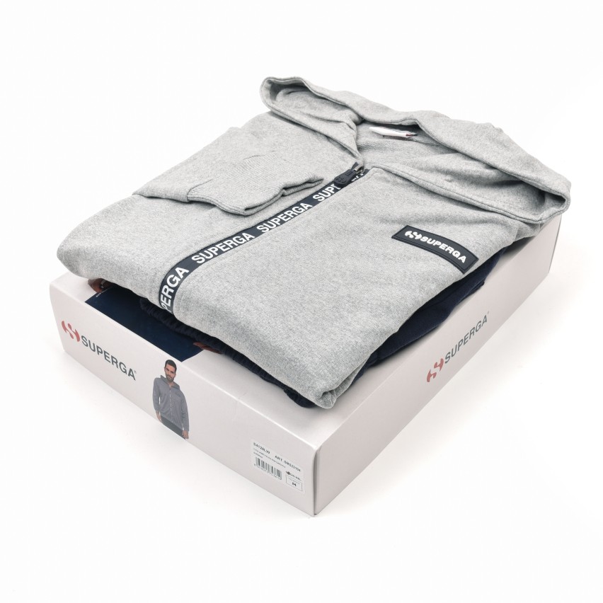 Tuta uomo cotone Superga full zip cappuccio SMS23104 grigio melange blu
