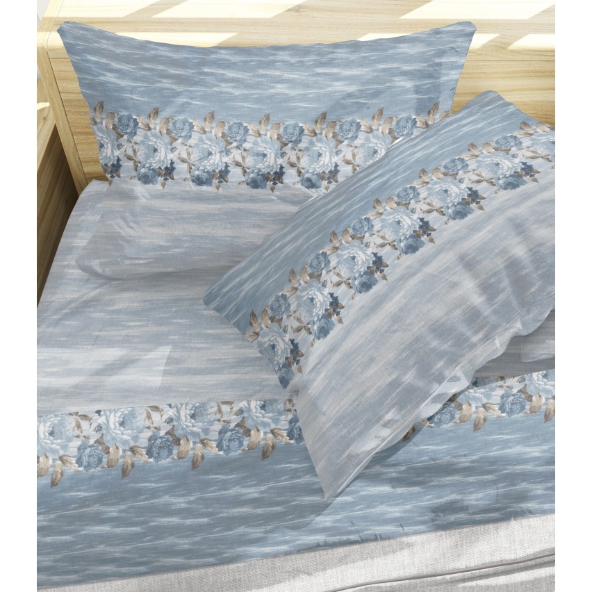 Lenzuola flanella calda fiori azzurro matrimoniale Soffice D15-2 piazze