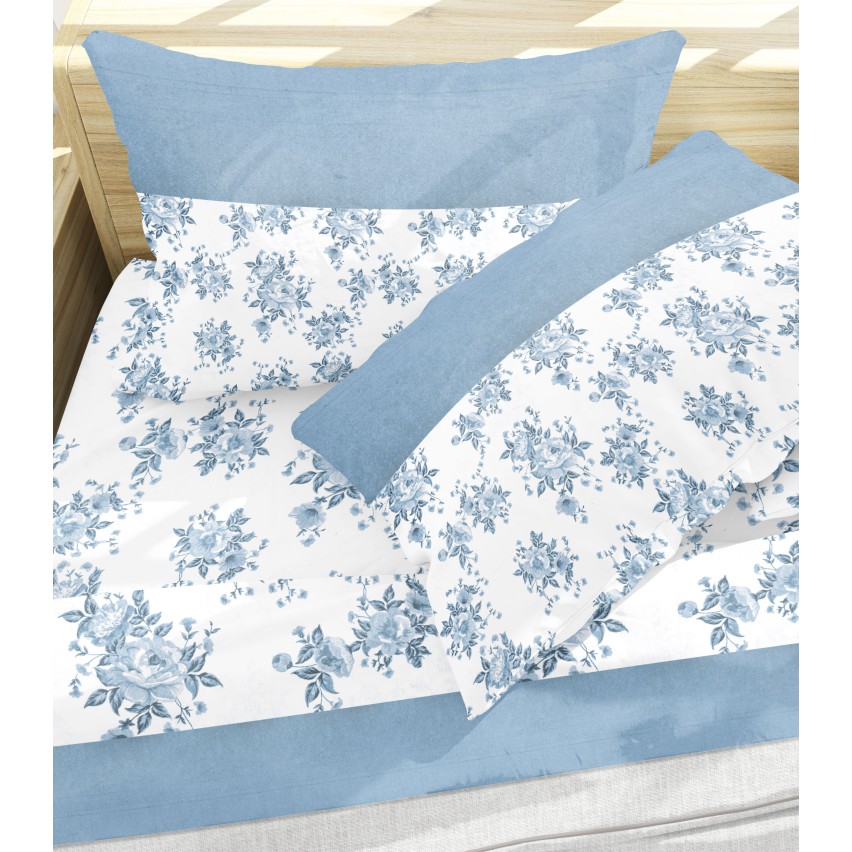 Lenzuola flanella calda fiori azzurro matrimoniale Soffice D17-2 piazze