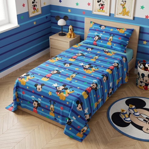 Completo letto singolo federa + sotto con angoli + lenzuolo Disney 100% cotone Ufficiale