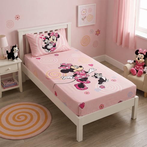 Completo letto lenzuola sopra + sotto con angoli + federa Minnie mouse bimba