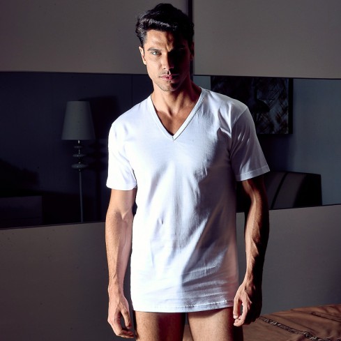 Maglia da uomo Nottingham tv1702 mezza manica a punta in cotone filo di scozia fronte bianco modello