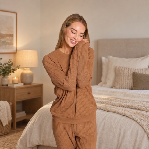 Pigiama donna a coste in caldo cotone Jadea 5293