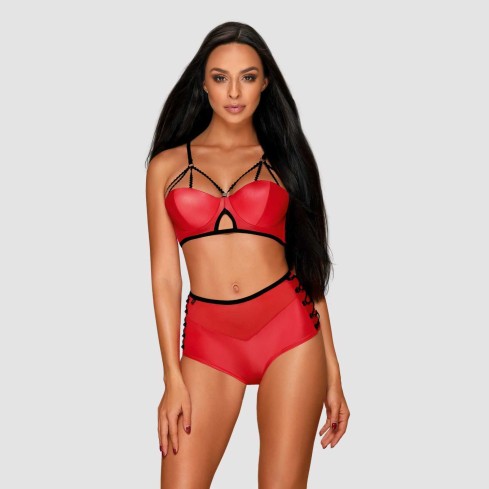 Set sexy effetto pelle reggiseno con ferretto slip alti stringati Obsessive Leatheria